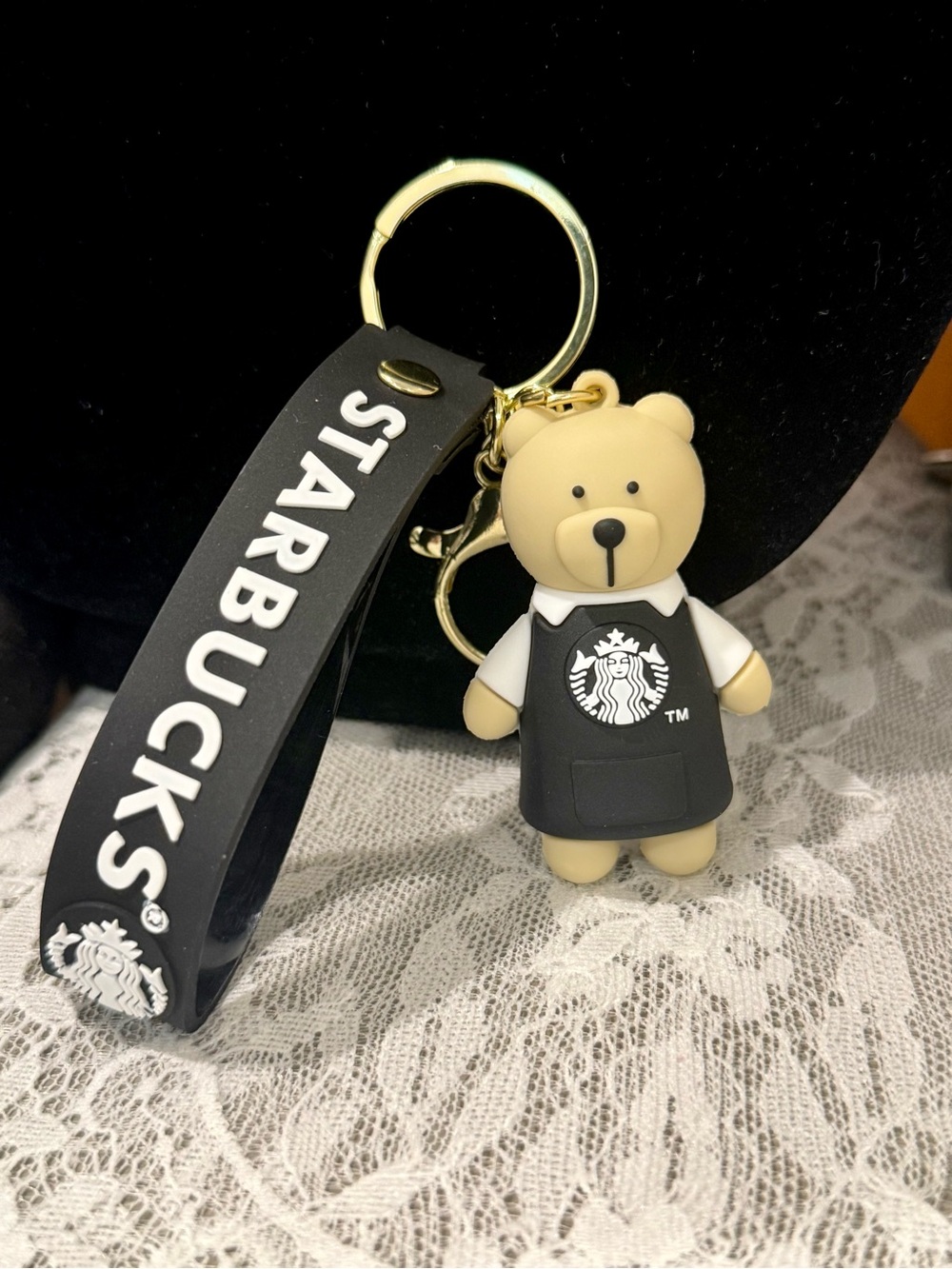 Starbucks Beige Bear Keychain with Black Strap